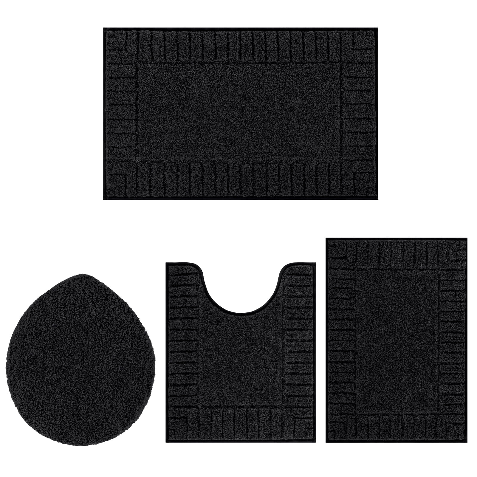 MeyJey Bathroom Rugs Set of 4 Piece, Bath Mats, Microfiber Non Slip Shaggy Ultra Soft Bathroom Runner with U Shaped Contour Toilet Mat for Bathroom, Shower Inside Floor, Black