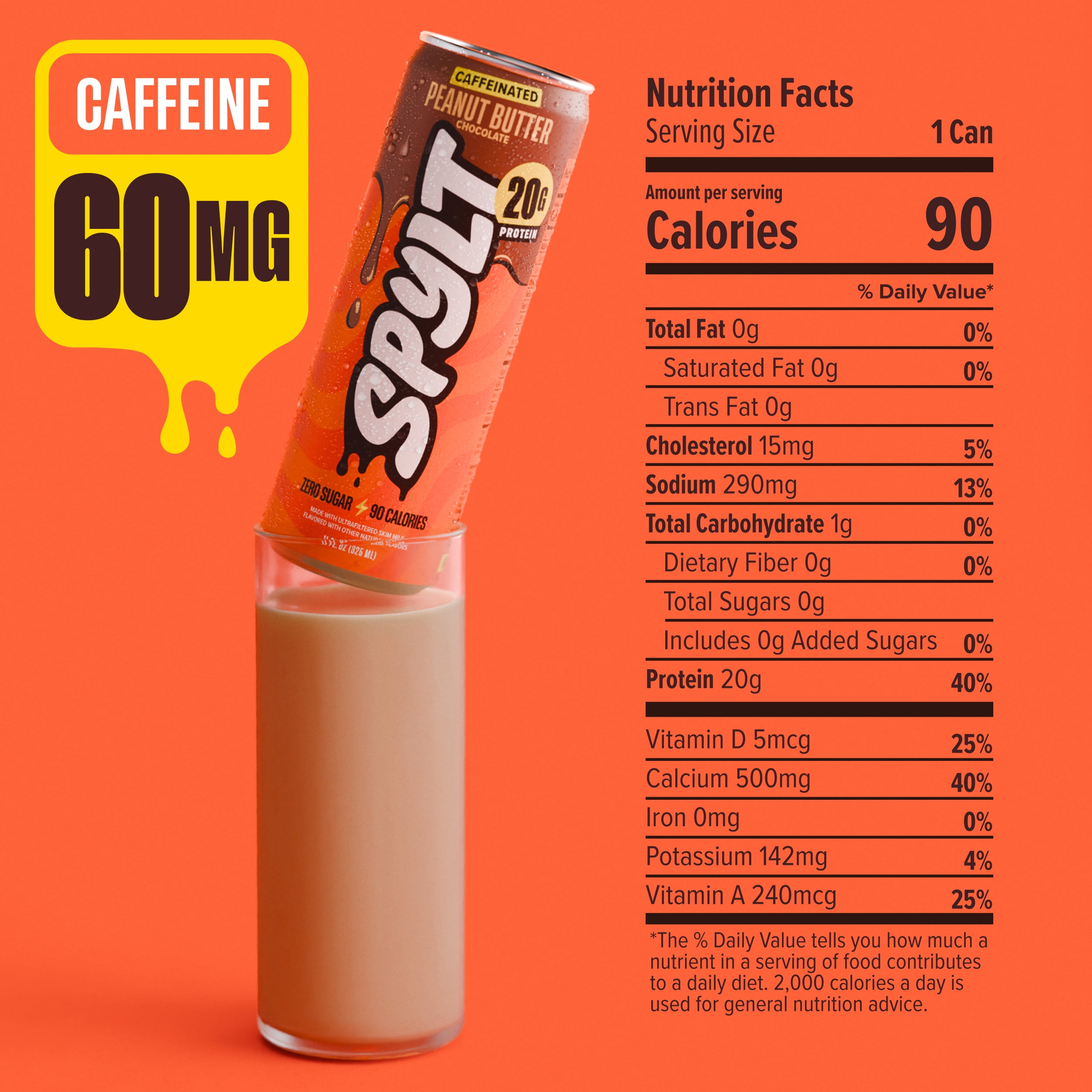 SPYLT High Protein Milk, Peanut Butter Chocolate, 20g Protein, 60mg Caffeine, Sugar Free, 11 fl oz, 12 Cans - Packaging May Vary
