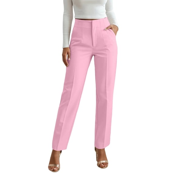 Glisme Women's Trousers Solid Color Elastic Waist With Pockets Summer Breathable Women Dress Pants Size L Pink