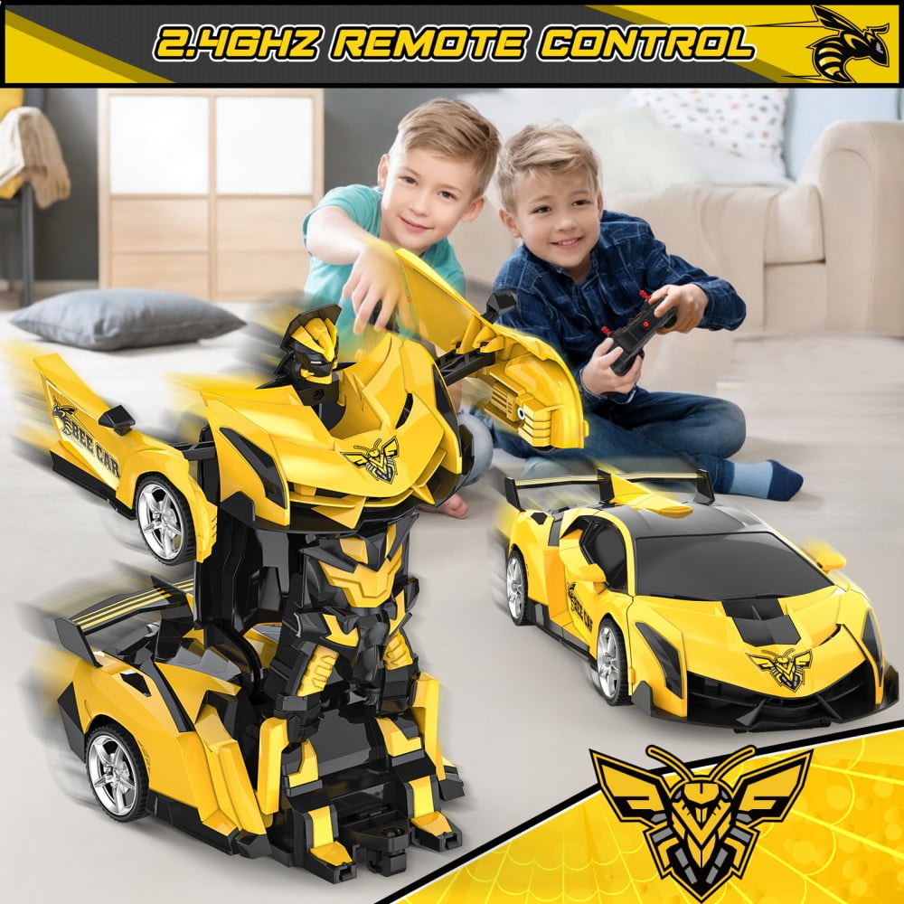 Wupuaait 2.4Ghz Transform Rc Cars 1:18 Scale Remote Control Car Transforming Robot, One-Button Deformation 360° Rotation Car Toy Gifts for Boys 3-12, Bee