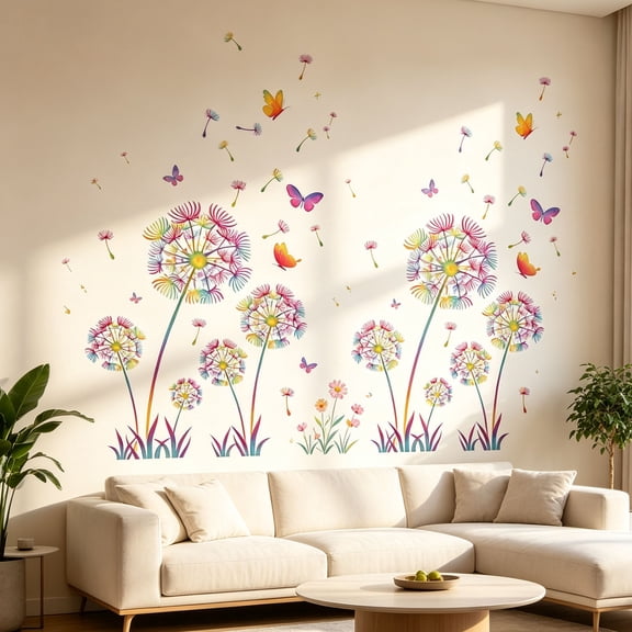 Maisha 2 Set Colorful Dandelion Wall Decals Flower Stickers Murals Butterflies Wall Decor for Bedroom Office Bathroom Living Room Floral Wall Decal Removable Decoration Peel and Stick Room Wall Decor