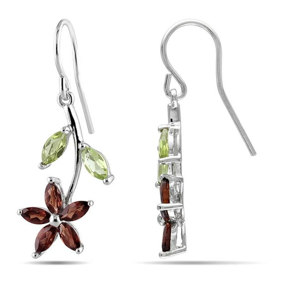 AMOUR Garnet and Peridot Flower Charm Earrings In Sterling Silver