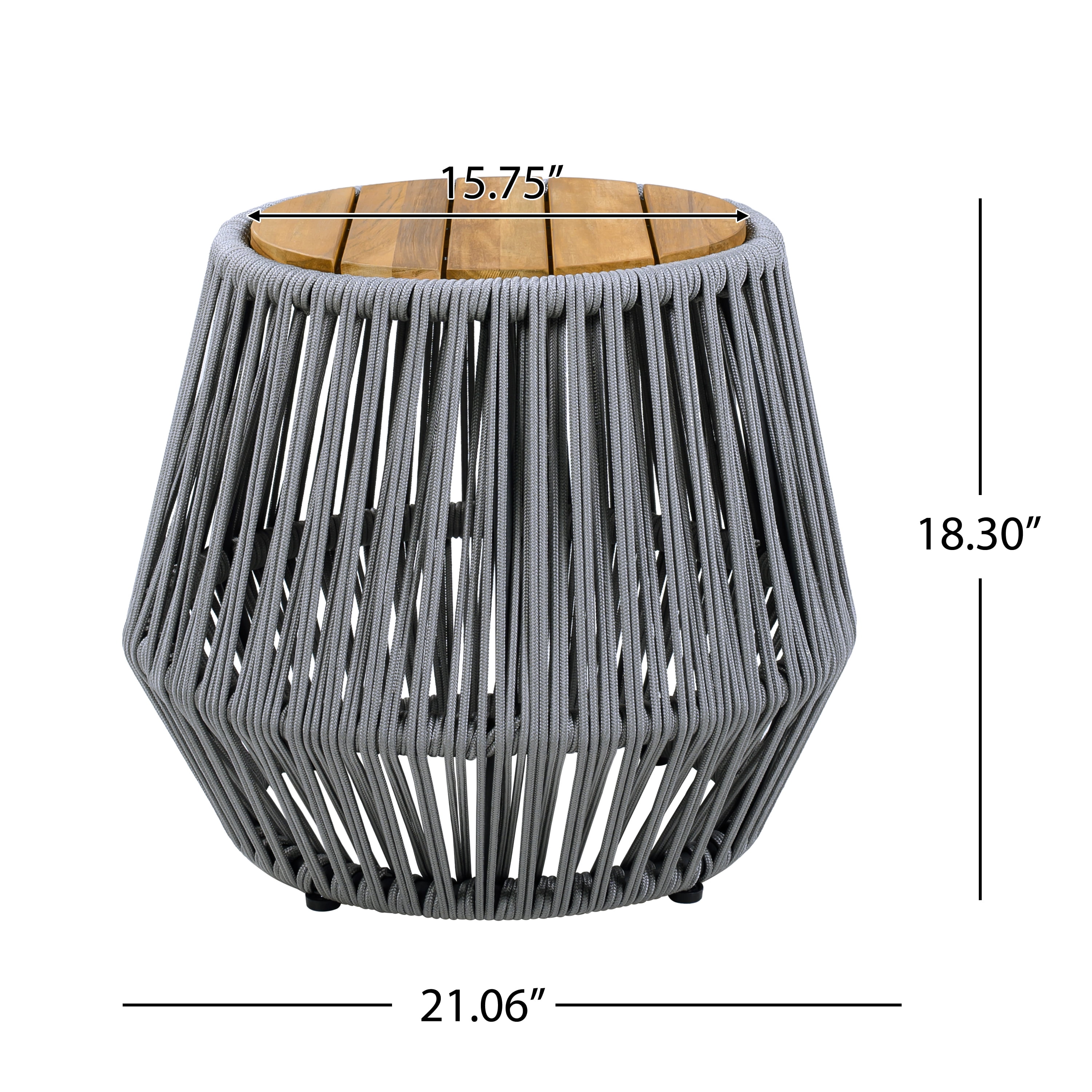 Side Table, Outdoor Acacia Wood Table with Grey Rope Base for Patio Balcony Garden, Teak