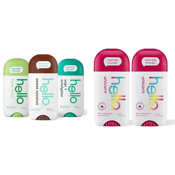 hello Deodorant Variety Pack (Sweet Coconut, Fresh Citrus, White Sage) & Unicorn Aluminum Free Deodorant for Women, Girls, Safe for Kids, Dermatologically tested, Natura
