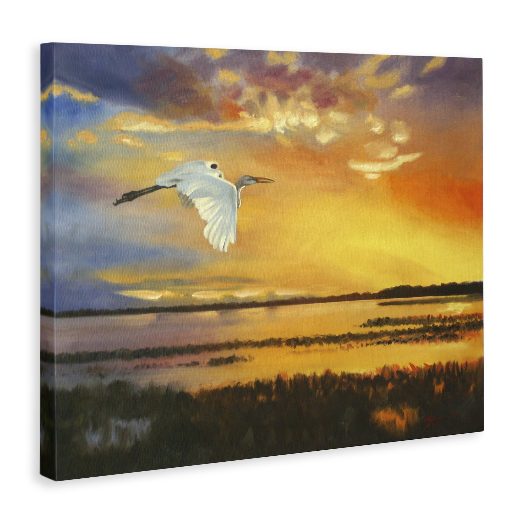 Stupell Industries Bird over Sunlit Pond Landscape Painting Gallery Wrapped Canvas Art Print Wall Art, 20 x 16