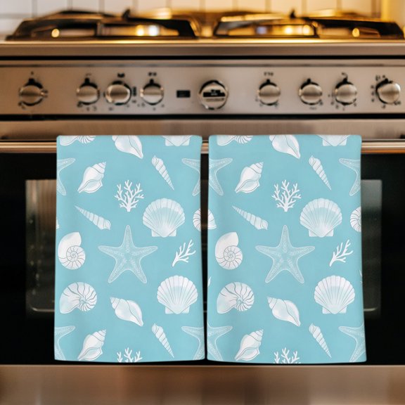 Blue Starfish Coastal Kitchen Towels Set of 2, Shell Conch Coral Nautical Summer Absorbent Dish Towels for Kitchen, Microfiber Hand Towel, Quick Drying Tea Towel for Cleaning Decorative Dishcloths