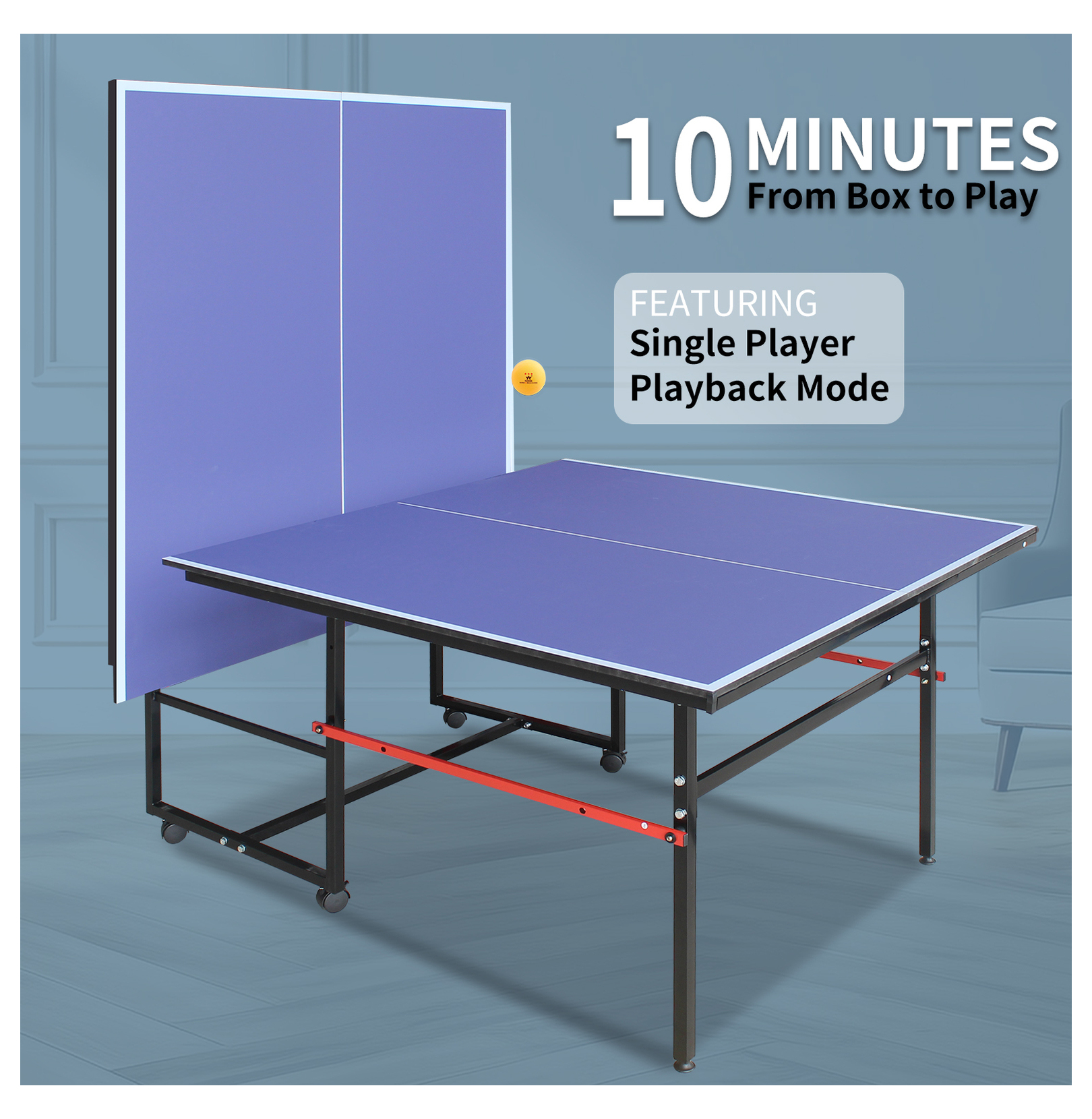 8ft Mid-Size Table Tennis Table Foldable & Portable Ping Pong Table Set for Indoor Games with Net, 2 Table Tennis Paddles and 3 Balls