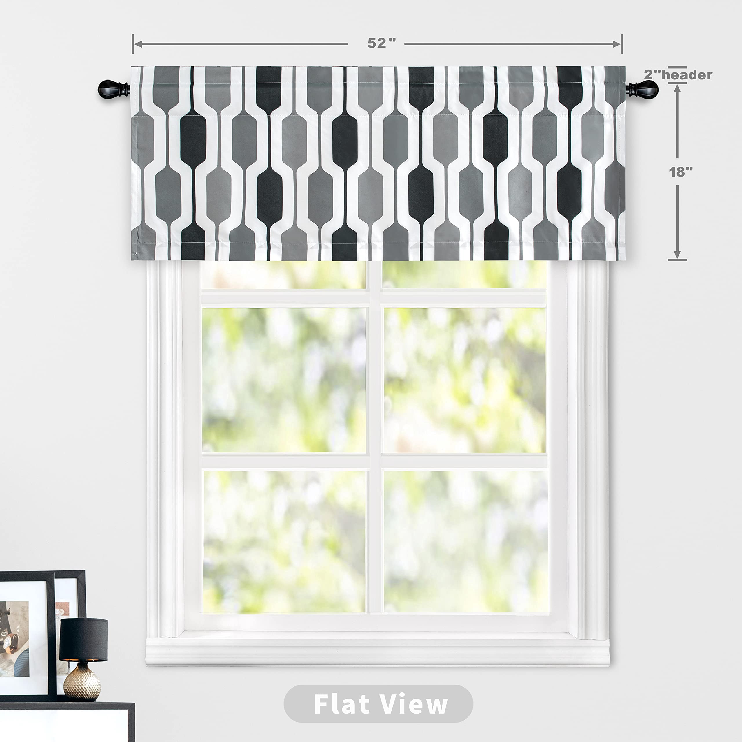 DriftAway Riley Geo Lined Window Curtain Valance Mid Century Geometric Blocked Pattern 2 Layers Rod Pocket, 52" x 18" Plus 2", Black and White Gray