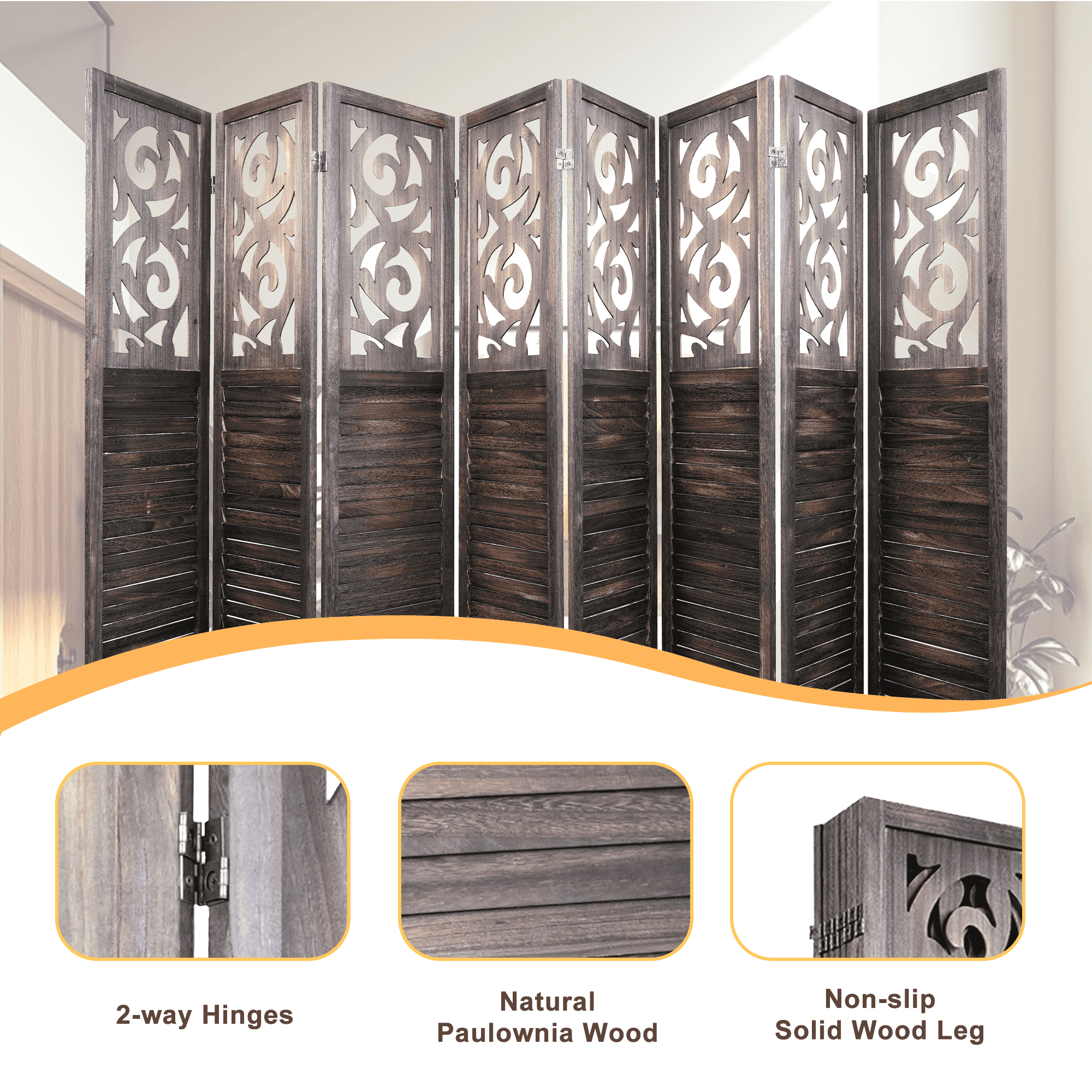 MAYEERTY 8 Panel Freestanding Room Dividers, 6FT Carved Wood Folding Privacy Screens, Rustic Brown
