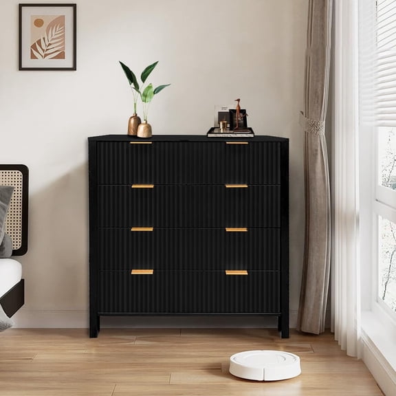 TROPOW Dresser, Chest of Drawers, 4 Drawer Dresser, Waveform Fluted Panel Wood Dresser, Modern Dressers for Storage Drawers for Bedroom, Closet Living Room, Nursery Hallway Closet, Black