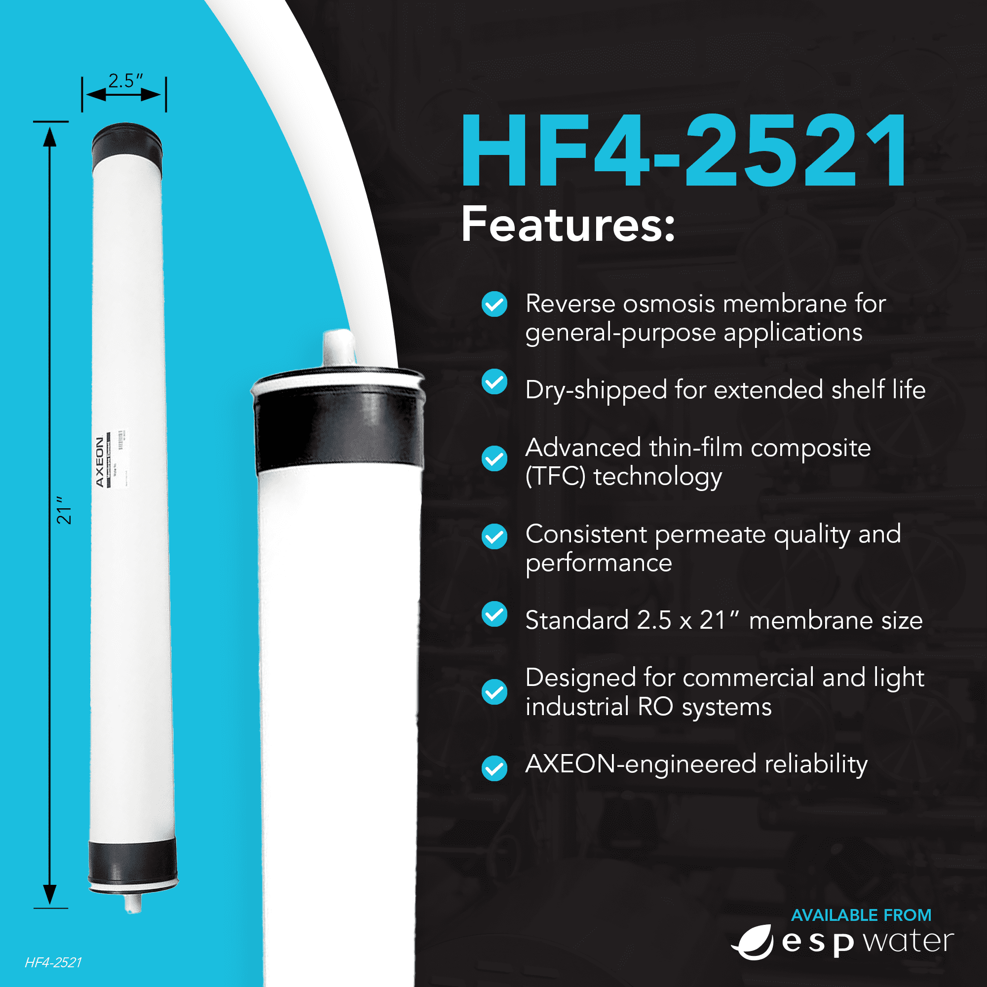 Axeon HF4-2521 RO Membrane – 400 GPD, 2.5 x 21 Inch, Low-Pressure Reverse Osmosis