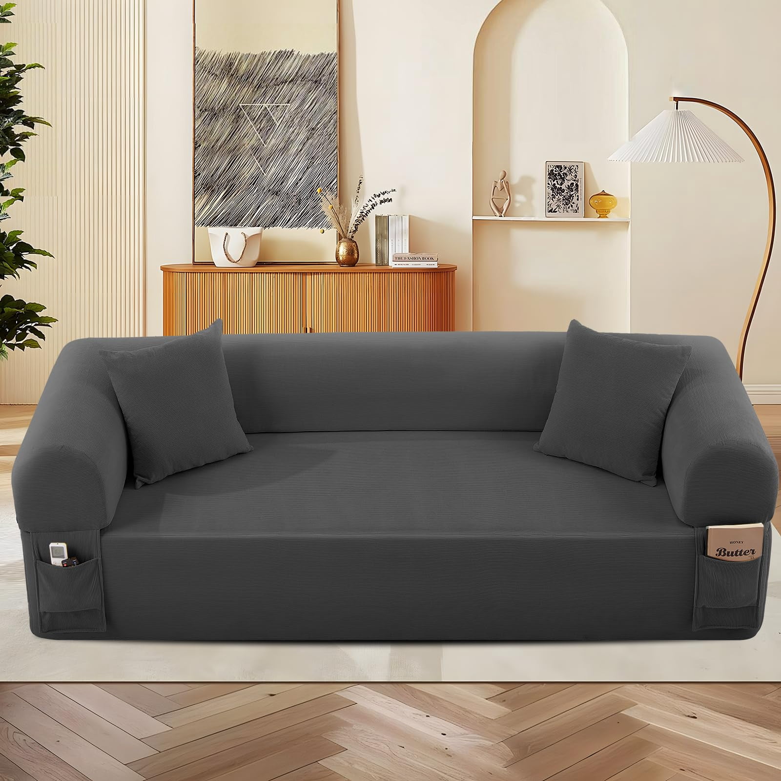 3-Seater Sofa, 83" No Assembly Deep Loveseat Couch in A Box, Spring & High-Elastic Sponge Filling Sofas with 2 Cushions & Side Storage Pockets for Living Room Apartment, Gray