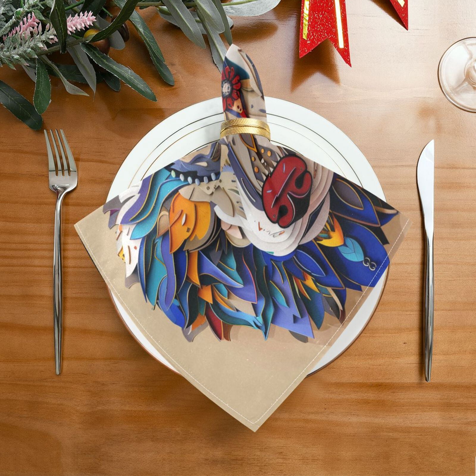 JSTEL Colorful Wolf Head Cloth Napkins Set of 6, 20x20 Inch Washable and Reusable Napkin for Decoupage Dinner Party Everyday Use