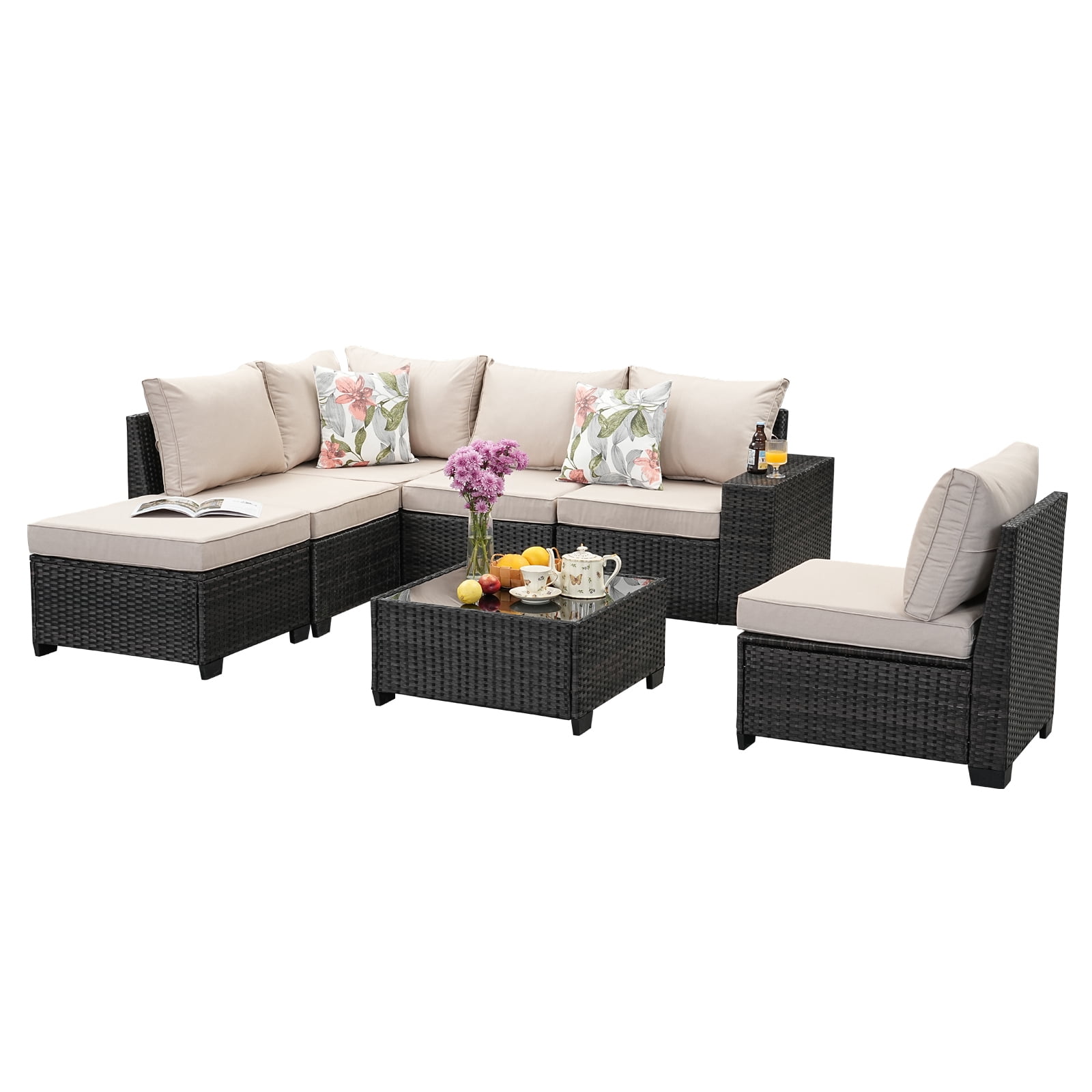 JOYURE 7 Pieces Patio Furniture set All-Weather Outdoor Wicker Sectional Conversation Sofa Rattan patio seating sofa with cushion and Glass Table and Ottoman for Porch Poolside,Beige
