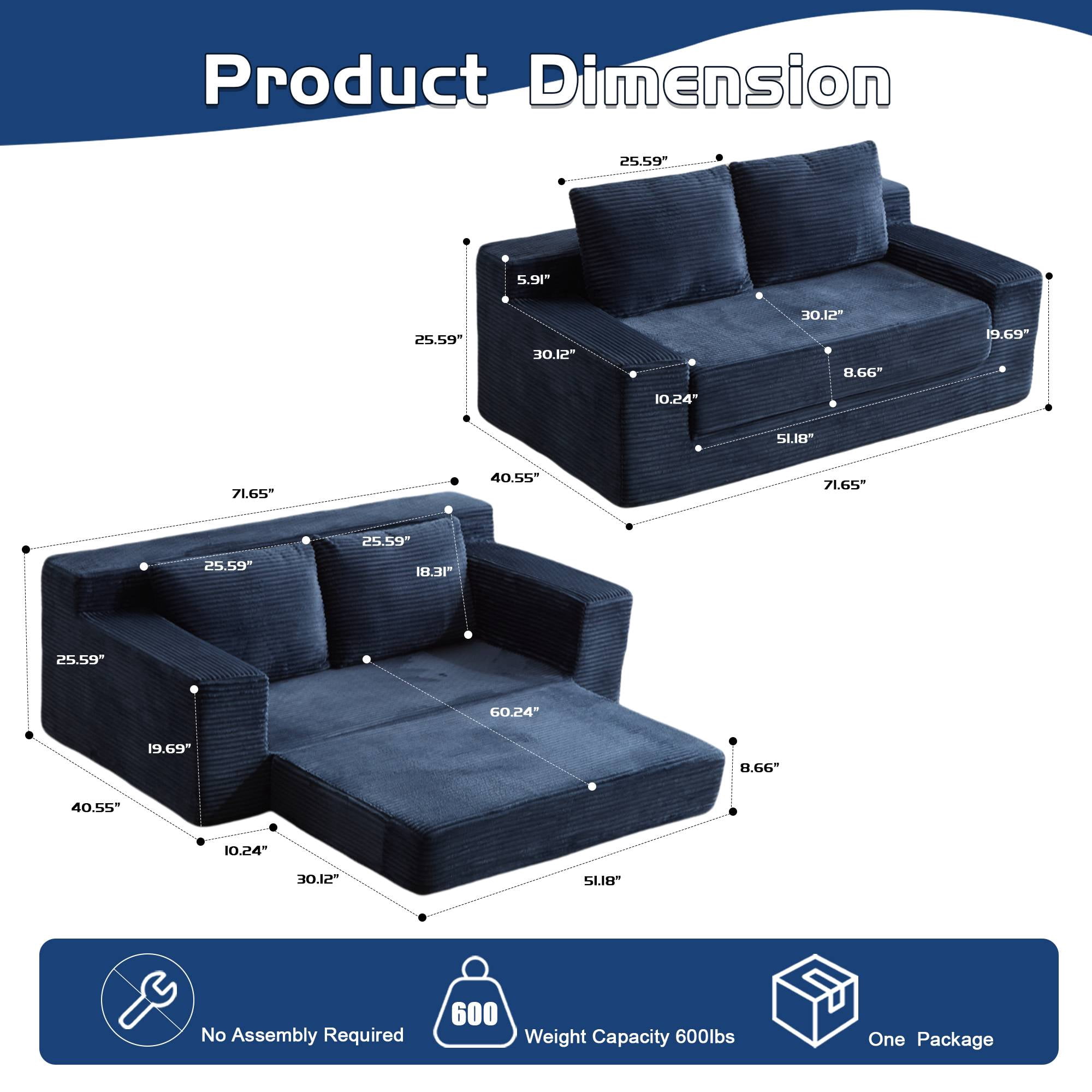 Sectional Couches for Living Room, Modular Cloud Sofa&nbsp;Comfy Corduroy Fluffy Couch for Living Room, Dark Blue