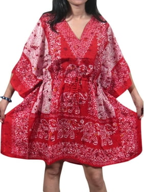 Mogul Womens Caftan Bohochic Dresses Red Elephant Print Kaftan Top House Dress