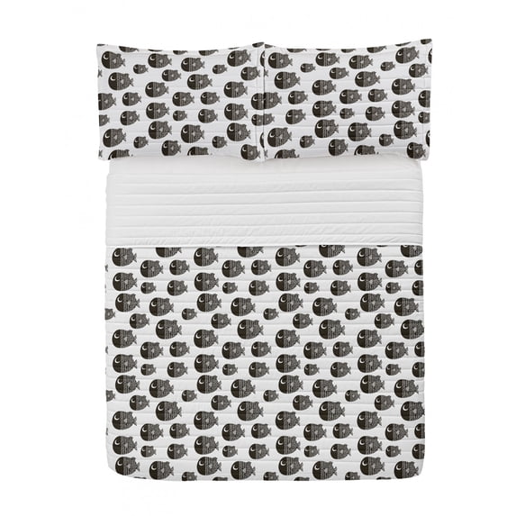 Fish Microfiber Bedspread Set, Ornamental Fishes Marine Scandinavian Playroom Caricature, Soft Bedding Set with Pillow Shams & Comforter, 3 Sizes, White Black, by Ambesonne