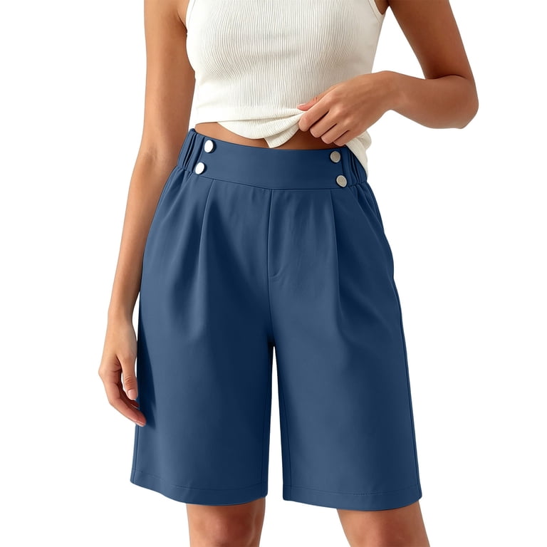 pull on dress shorts women HDE Womens Pull On Dress Shorts 3" Inseam with Pockets High Waisted Chino Dressy Pleated Summer Stretchy Elastic Waist Shorts Black - S