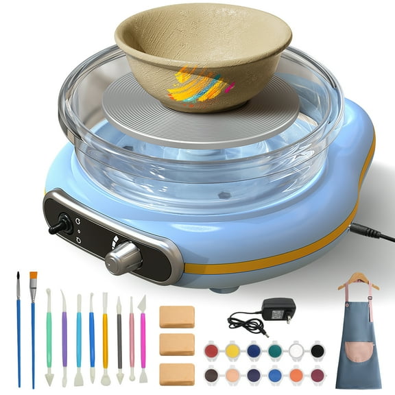 Mini Pottery Wheel Kit, 4.7" Turntable Electric Clay Wheel with Apron, Adjustable Speed Ceramic Making Machine with 8 Pottery Tools, DIY Craft Kits for Kids
