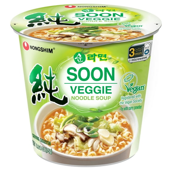 Nongshim Soon Veggie Vegan Ramen Noodle Soup Cup, Shelf-Stable, 2.64 oz