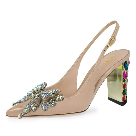 YDN Women Butterfly Pointy Closed Toe Slingback Pumps Buckle Strap Crystal Chunky High Heel Shoes Party Daily Shopping Size 7 Nude