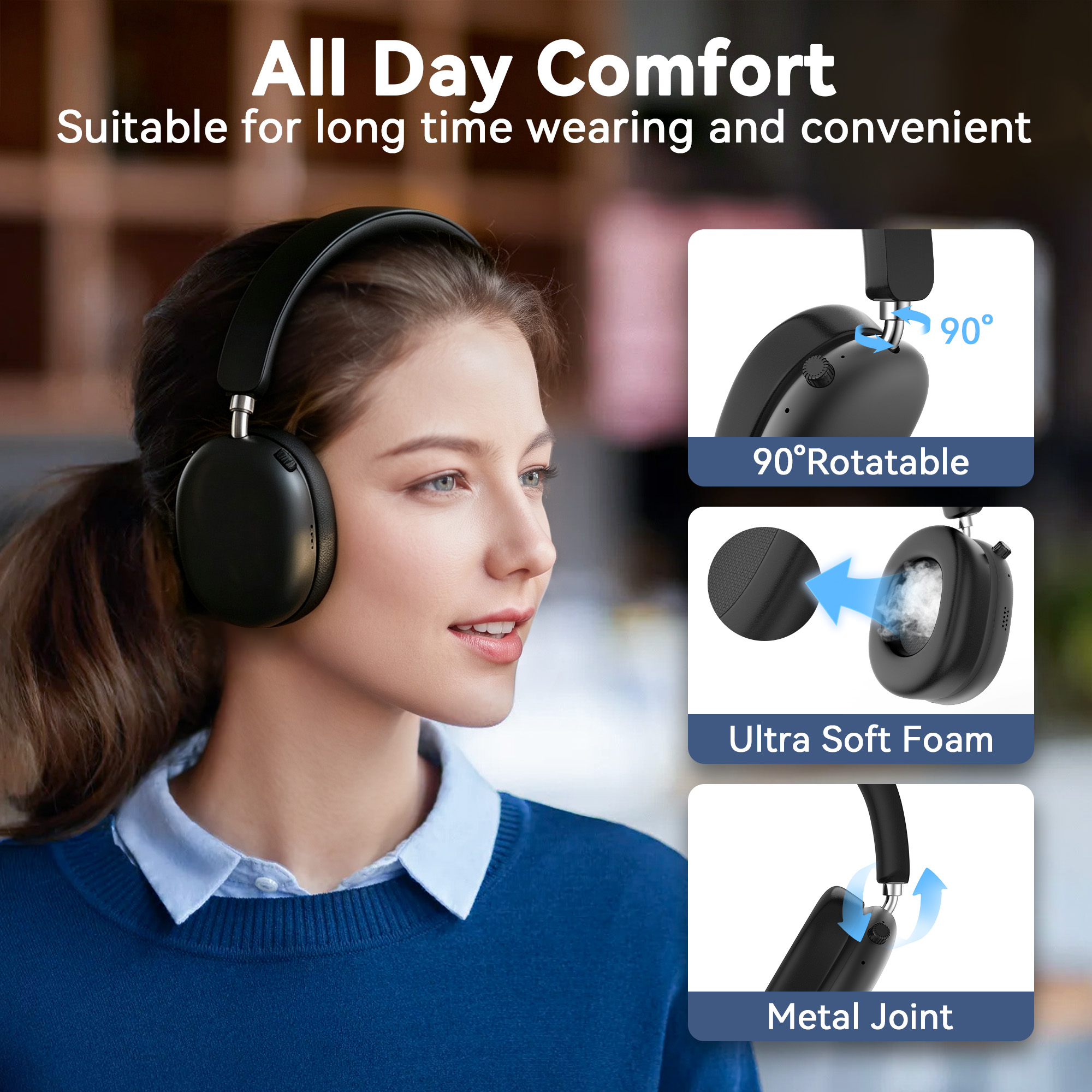 Synvo Bluetooth Over-Ear Headphones, 65Hr Playtime, Black photo 3