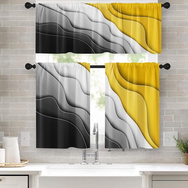 36 Kitchen Curtains Abstract Black White and Yellow Window Curtains and Valances Set of 3 Modern Art Background Short Tier Curtain Vintage Small Kitchen Decor