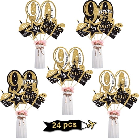 Rose Gold 90th Birthday Glitter Centerpiece Sticks - 12 Pack Number 90 Table Toppers For Anniversary Party Decor