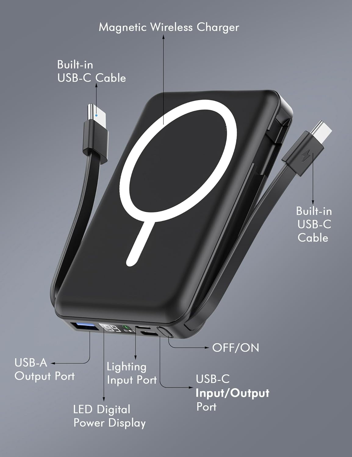 for Magsafe Battery Pack, 10000mAh Magnetic Power Bank Built-in Double USB C Cables 22.5W PD Fast Charging LED Display Wireless Portable Charger iPhone 17/16/15/14/13/12 Series-