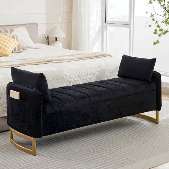 Aemeios 66"W Tufted Storage Bench for Bedroom End of Bed with Gold Legs and Two Pillows, Black