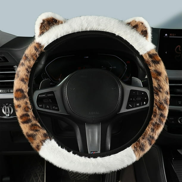 Funda de volante cálida para invierno | Protector elástico de poliéster con diseño de orejas de gato | Estampado de leopardo y color liso | Se adapta a diámetros de 34-39 cm