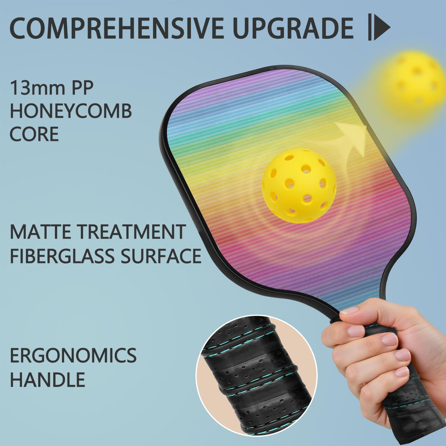 Pickleball Paddles Set Of 1, Fiberglass Surface, Vibrant Rainbow Print, 1 Paddle, 2 Balls & Bag