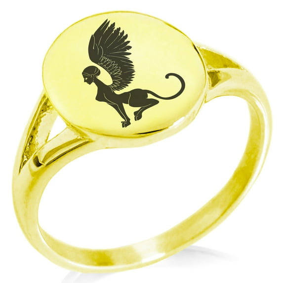 Stainless Steel Greek Mythology Shpinx Minimalist Oval Top Polished Statement Signet Ring