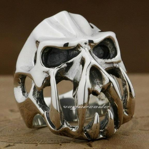 925 Sterling Silver Devil Alien Skull Tiger Tooth Ring Biker Punk Jewelry 8V004 US Size 10
