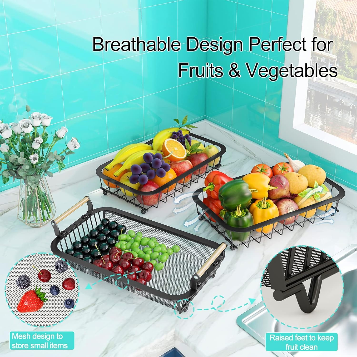 Fruit Basket 3 Tier with 2 Banana Hangers, Countertop Fruit Vegetable Basket Bowl for Kitchen Counter Metal Mesh Basket Fruits Stand Produce Holder Organizer for Onion Potato Bread Snack Veggie