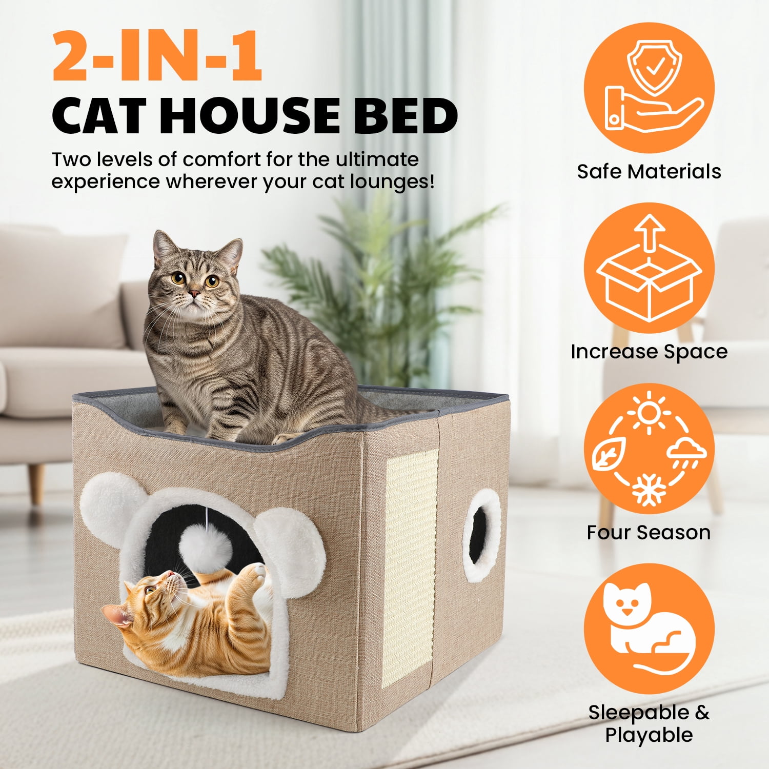 MASBRILL Cat Beds for Indoor Cats - Large Pet Cat Bed Cave with Scratch Pad and Fluffy Ball, Foldable Cat Hideaway for Multi Small Pet
