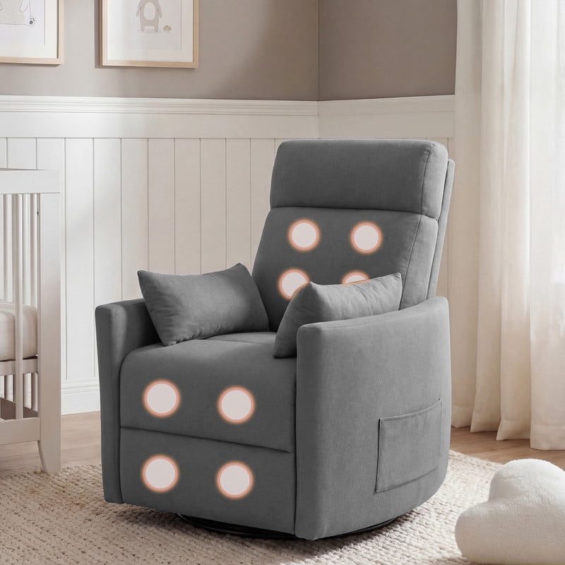Lacoo 360° Swivel Recliner Chair Oversized Adult Nursery Glider Rocking Recliner Upholstered Electric Recliner Chair with 2 Pillows for Living Room,Linen Gray