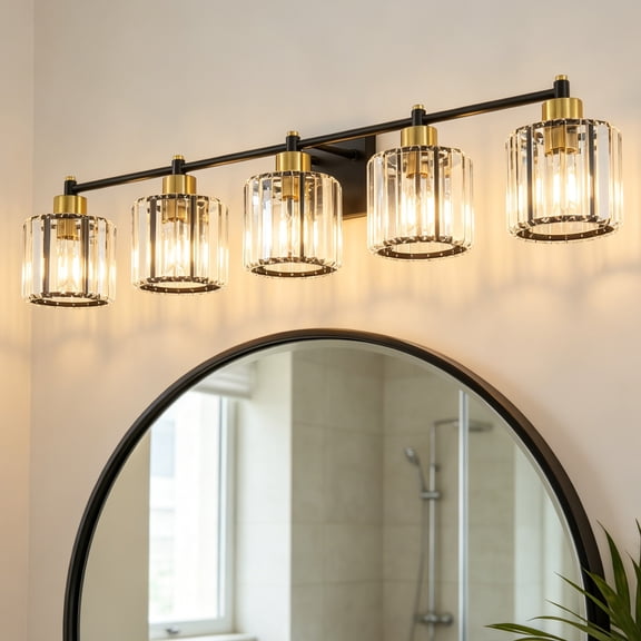 Deyidn Modern 5-Light Bathroom Vanity Light with Crystal Shades, 39 Inch Black Gold Dimmable Light Fixture for Mirror