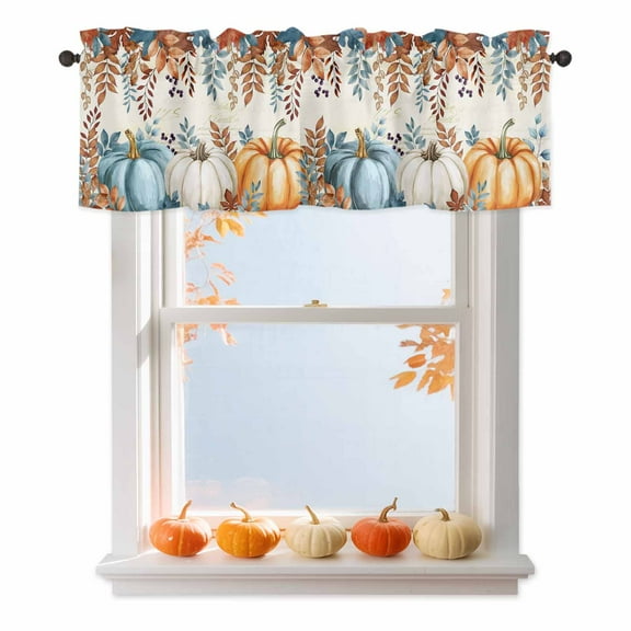 Valance for Windows Kitchen Curtains 42"W x 12"L Thanksgiving Orange and Blue Pumpkins Leaves Light Filtering Curtain Valances Rod Pocket Curtains for Bedroom Farmhouse Living Room
