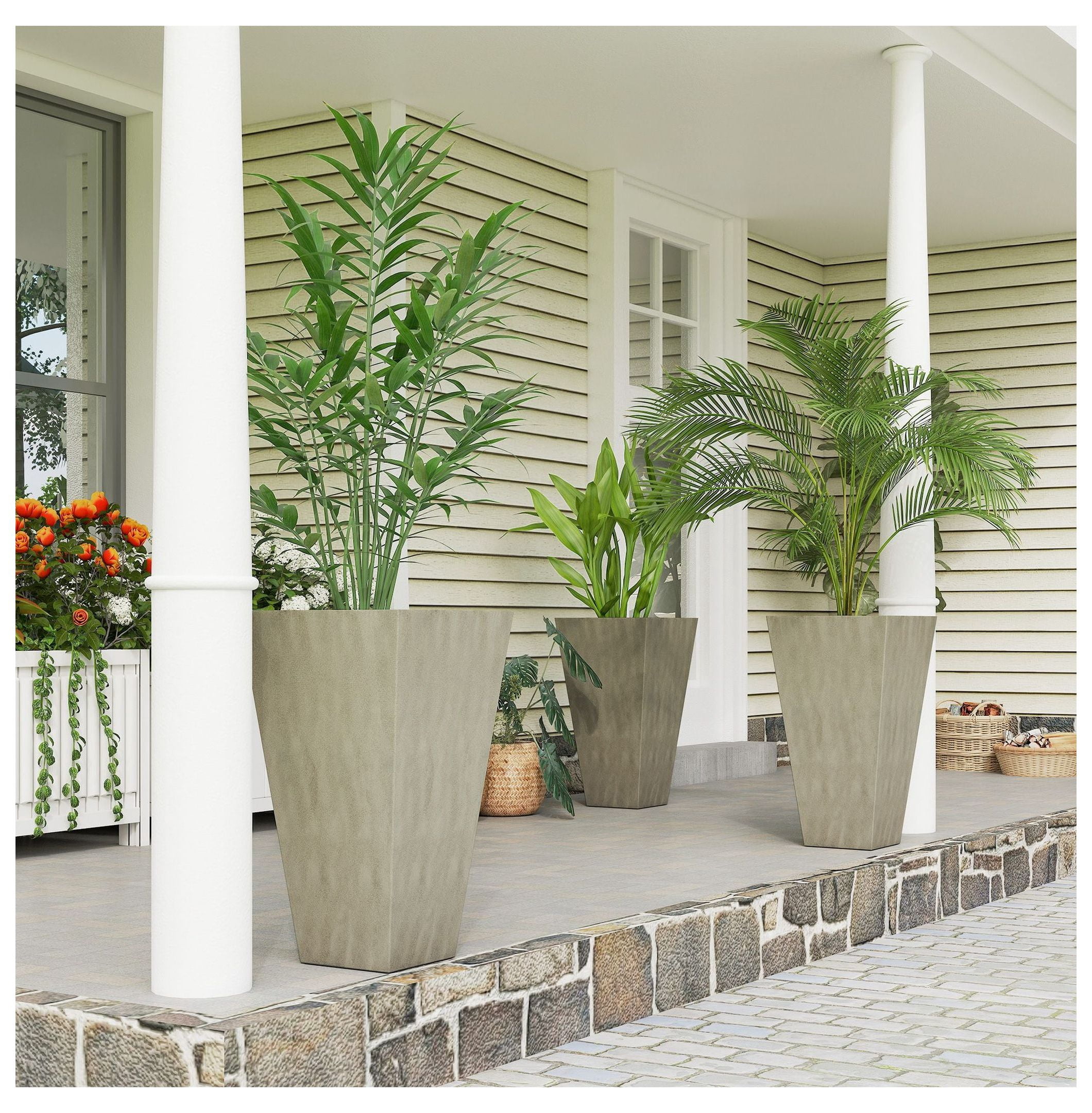 3 x 28" Tall Plastic Planters with Drainage, Outdoor Flower Pots, Indoor Plant Containers for Patio, Deck, Gray