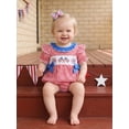 thumbnail image 2 of Baby Girls 4th of July Outfit Flag Firework Embroidery Short Sleeve Crew Neck Plaid Romper Ruffle Bowknot Bubble Bodysuit Summer Memorial Clothes, 2 of 9