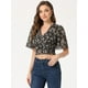 thumbnail image 2 of Blusas cortas con volantes florales de manga corta con cuello en V para mujer Negro XS, 2 of 6