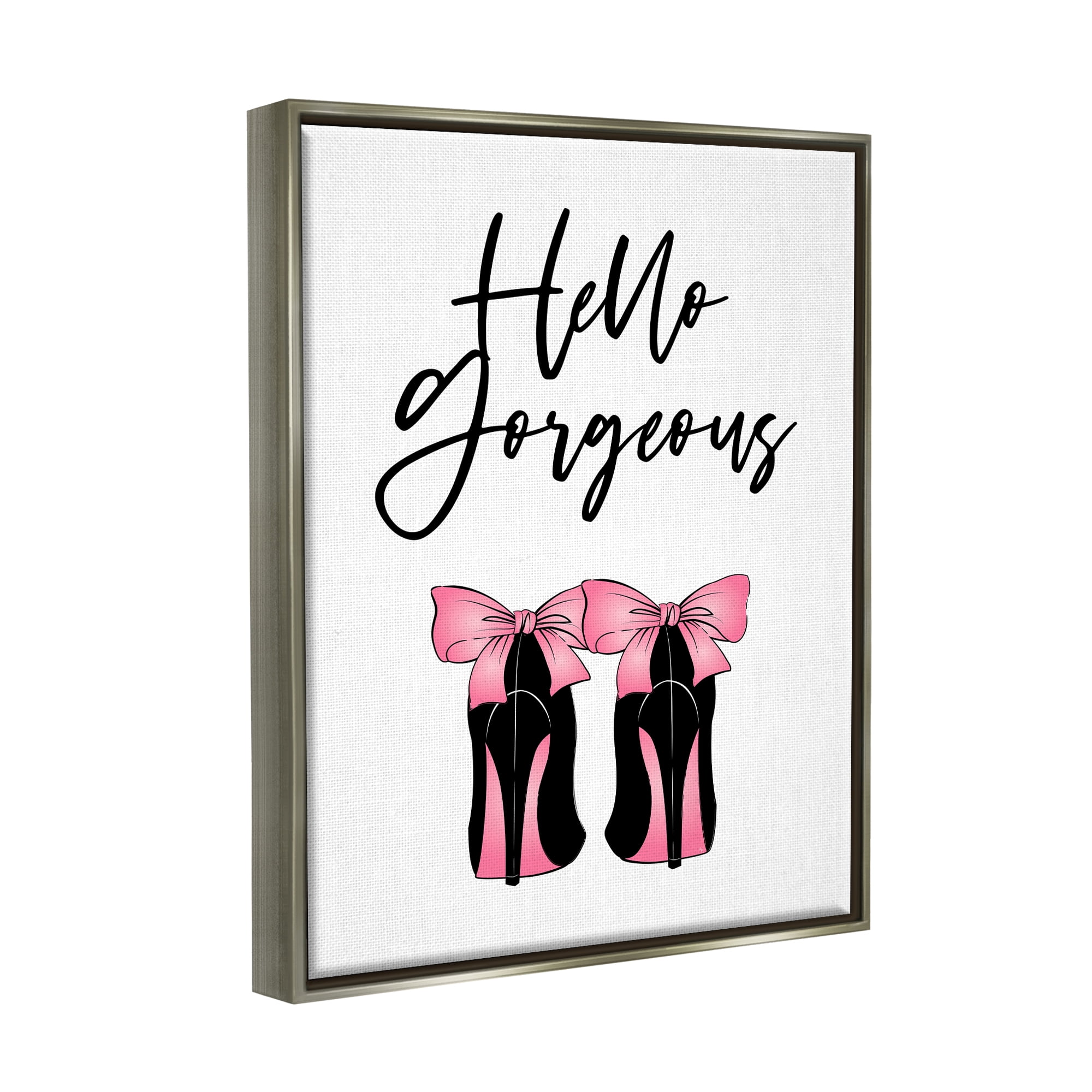 Stupell Industries Hello Gorgeous Pink Bow Heels Botanical & Floral Painting Gray Floater Framed Art Print Wall Art