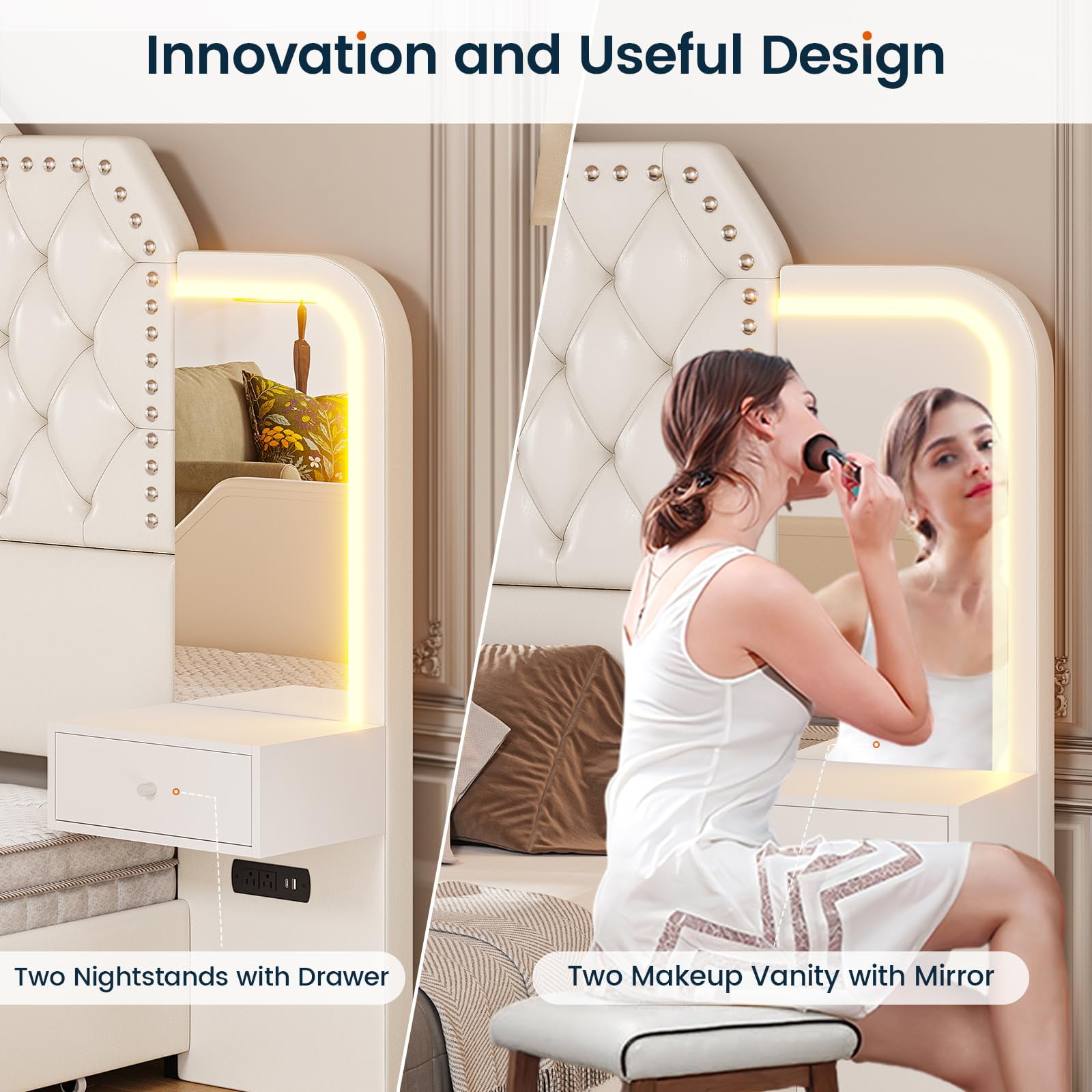 Queen Bed Frame with 2 Nighstands, Power Outlets and 4 Drawers, Upholstered Bed with Vanity Tables and Mirrors, Modern Velvet Tufted Platform Bed with Headboard & Footboard, White