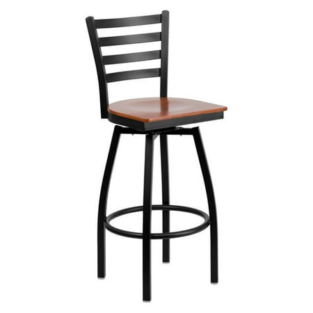 - Flash Furniture HERCULES Series Black Ladder Back Swivel Metal Barstool, Wood Seat, Multiple Colors