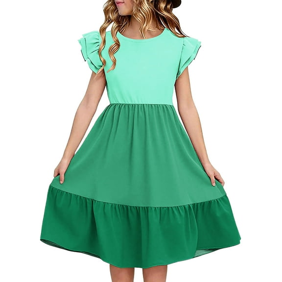 Efsteb Summer Dress for Girls Cute Ruffle Sleeve Dresses Color Block Crewneck Midi Dress (Green,11 Years)
