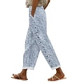 thumbnail image 2 of Stephy Women's Embroidered Floral Print Elastic Belt with Pocket Trousers Side Buttons Cropped Pants Loose Casual Pants Print Straight Pants, Blue, 3XL, 2 of 5