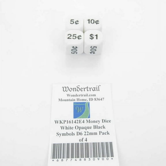 Money Dice White Opaque Dice with Black Symbols D6 22mm (7/8in) Pack of 4 Wondertrail