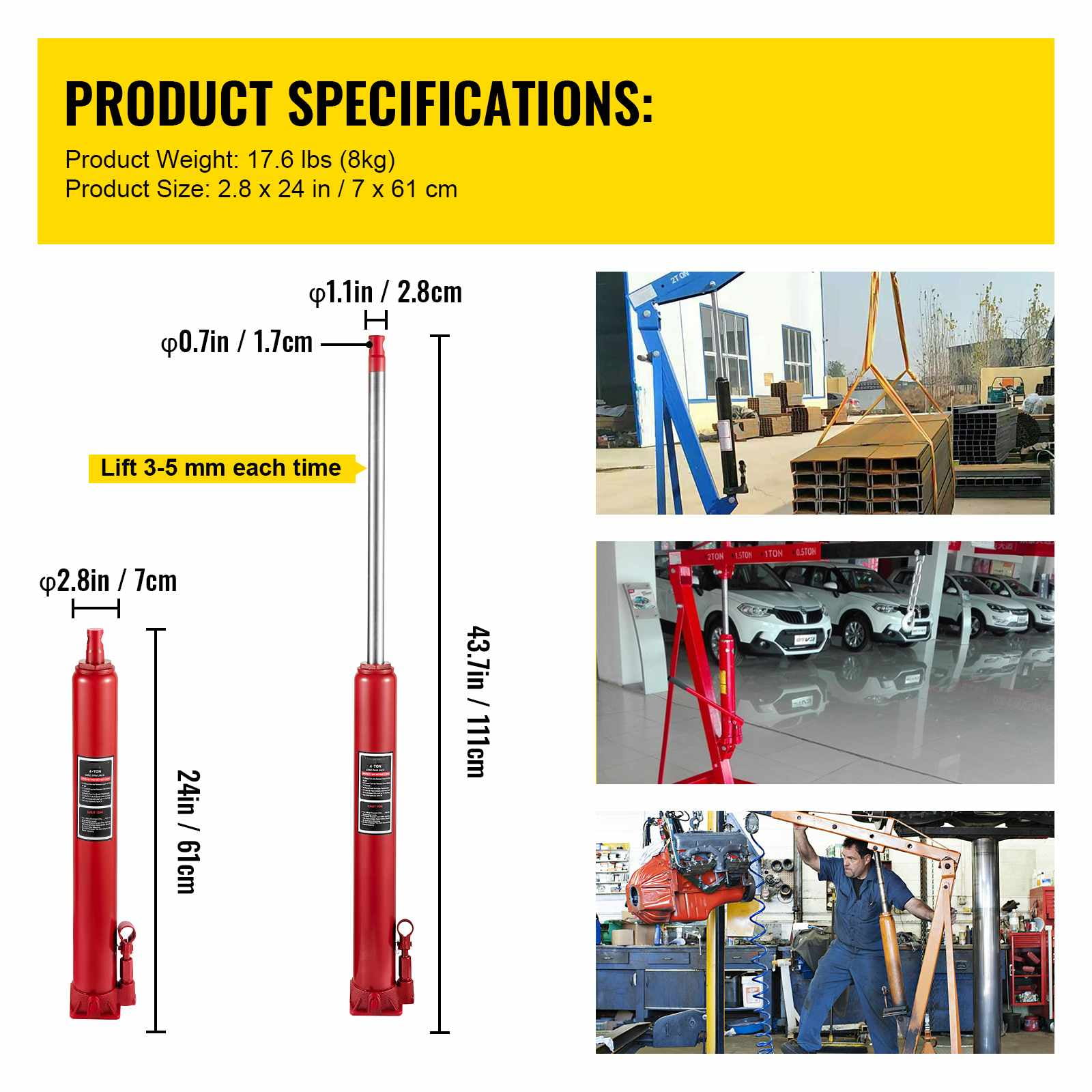 VEVOR Hydraulic Long Ram Jack, 4 Tons/8818 lbs Capacity, with Single Piston Pump and Flat Base, Manual Cherry Picker w/Handle, for Garage/Shop Cranes, Engine Lift Hoist, Red