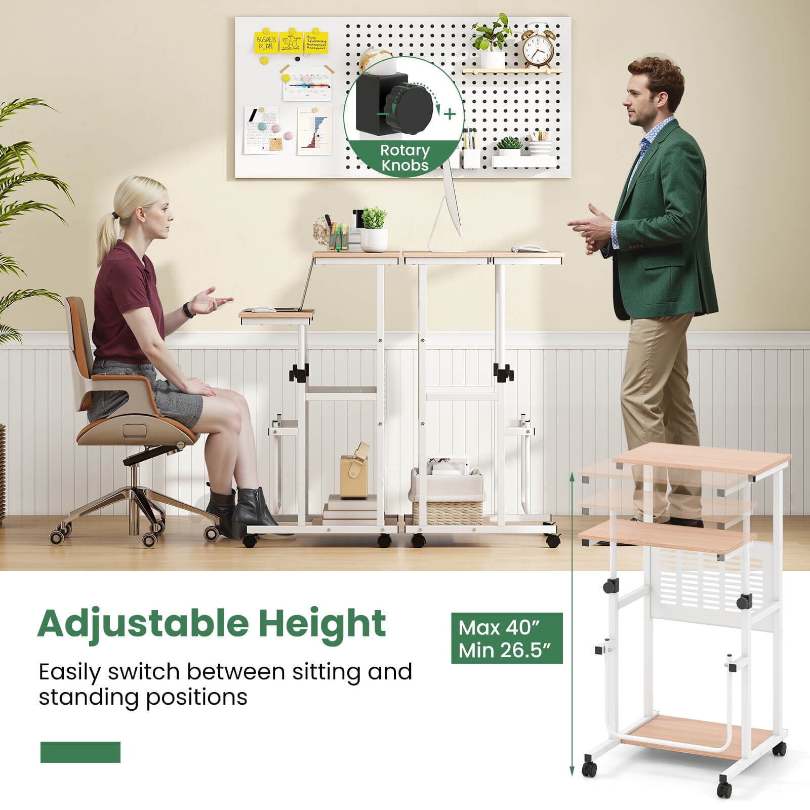 Costway Adjustable Standing Desk with Footrest Mesh Panel Lockable Wheels Sit Home Office